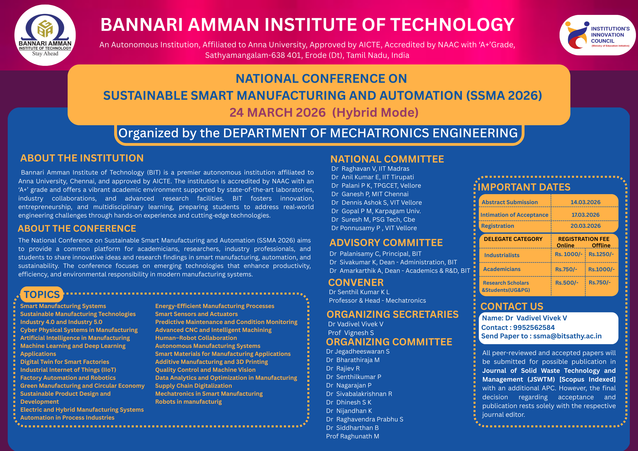 National Conference on Sustainable Smart Manufacturing and automation (ssma 2026) National Conference Poster 